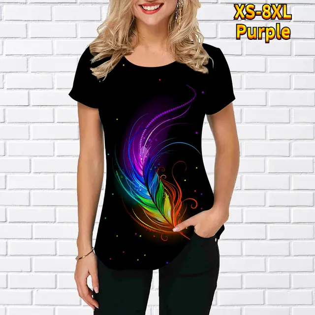 Ladies T shirt 3D Printed Garden Collar Short Sleeve T shirt Purple - Shop at LoveMi