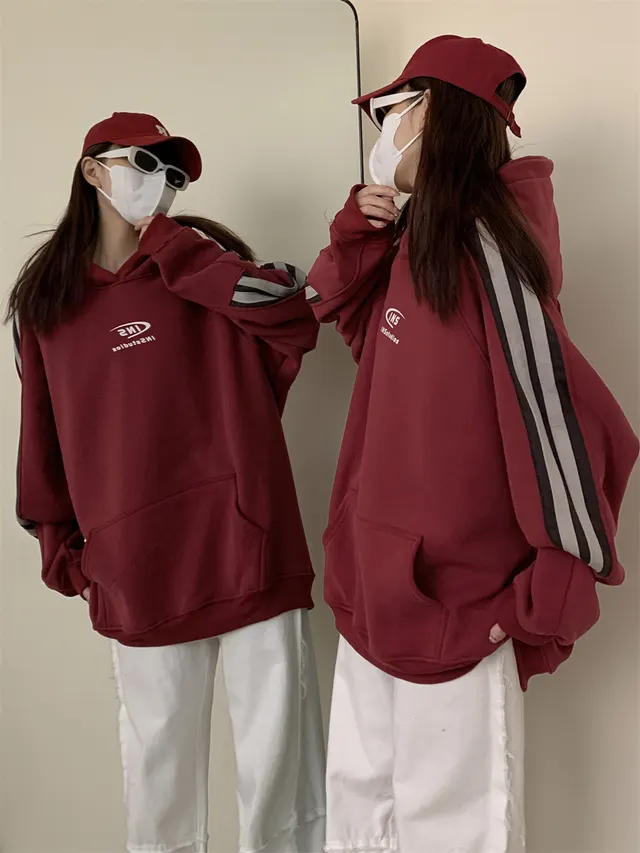 Stitching Bold Stripes Raglan Sleeve Sweater Fleece lined Hoodie Red - Shop at LoveMi