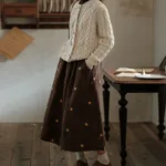 Retro Corduroy Half Skirt Embroidered Women - Coffee