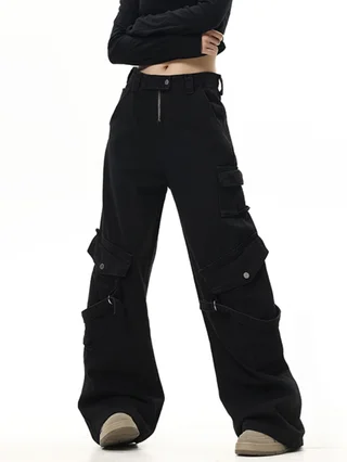 Straight Washed Drawstring Pants With Drawstring - Black