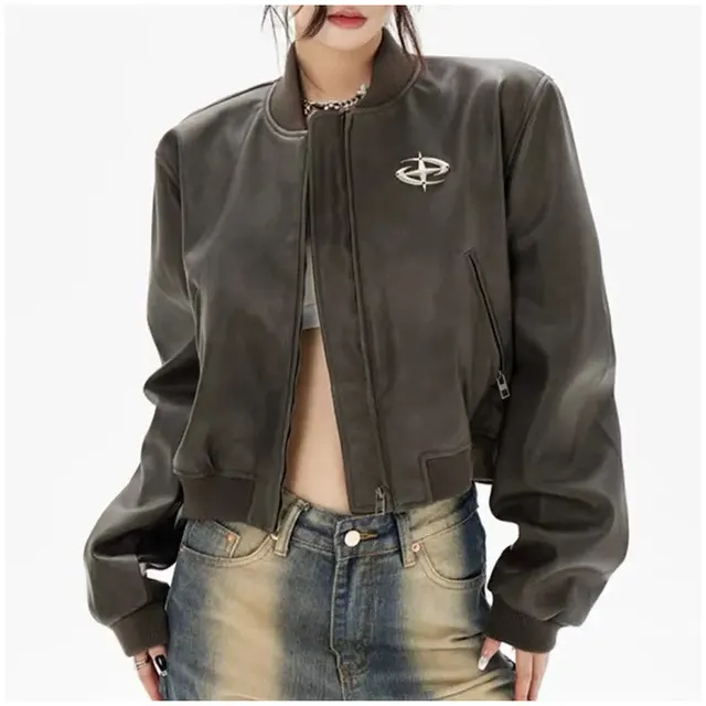 Jacket Baseball Uniform Baggy Coat Women Brown - Shop at LoveMi