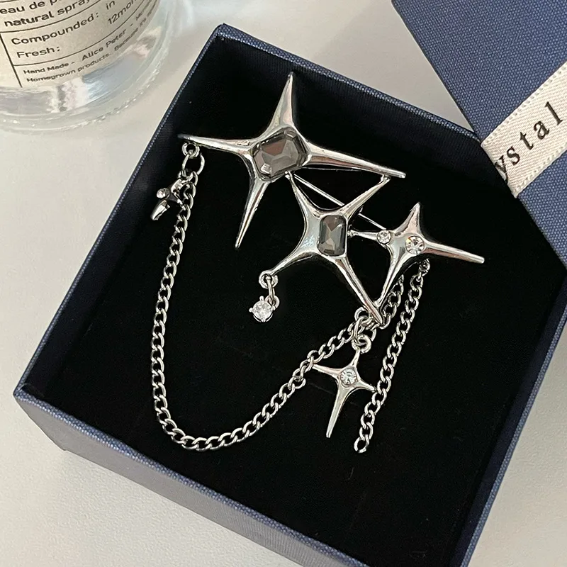 Four Eight pointed Stars Zircon Chain Brooch For Women Silver - Shop at LoveMi