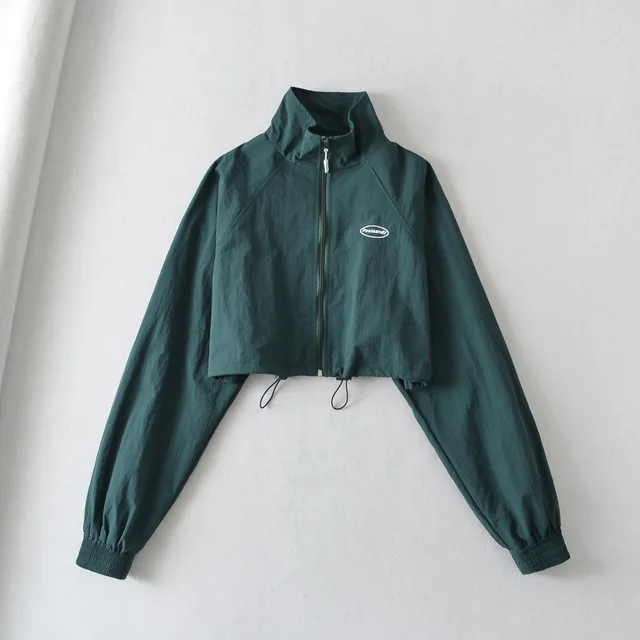 European And American Fashion Sports Style Stand Collar Zipper Cardigan Elastic Cuff Windproof Short Coat Dark Green - Shop at LoveMi