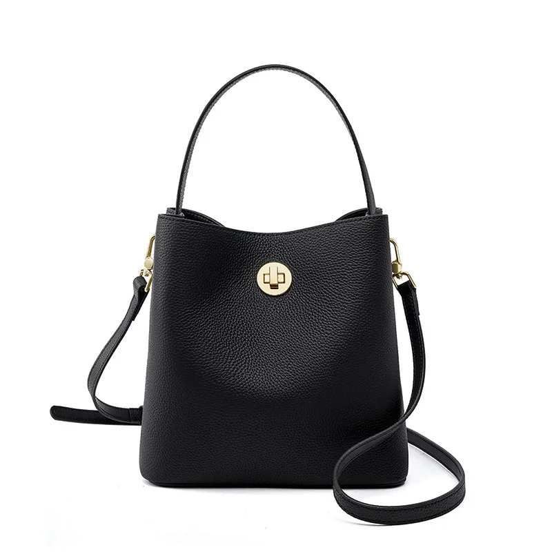 Bucket Leather Shoulder Messenger Bag Large Capacity Black - Shop at LoveMi
