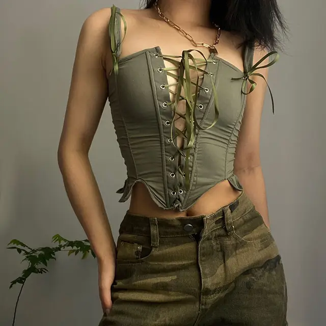 Women's Summer European And American Chest flattering Slim fit Lace Up Fishbone Camisole Army Green - Shop at LoveMi