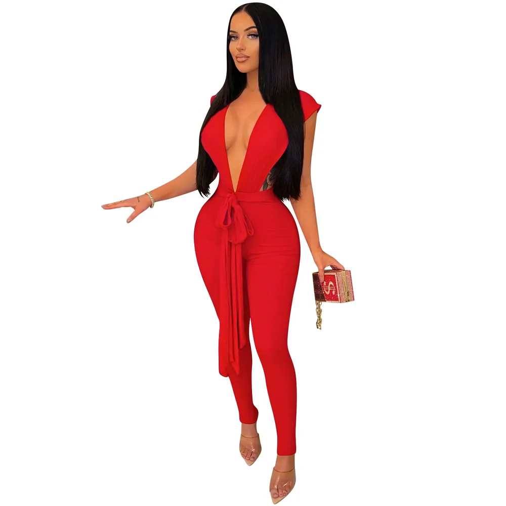Women's Fashion Solid Color Deep V neck Sleeveless Bandage Jumpsuit C5659 Red - Shop at LoveMi