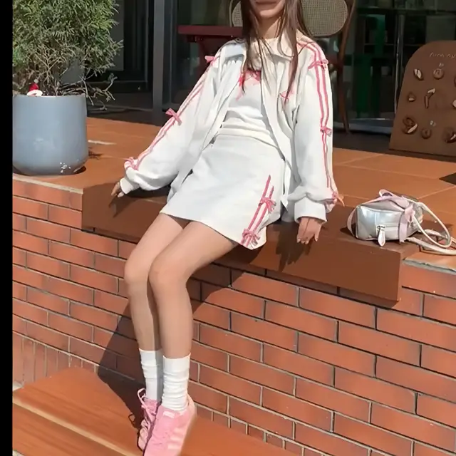 Bowtie Hoodie Jacket Two piece Set Light Floral Grey Half Skirt - Shop at LoveMi