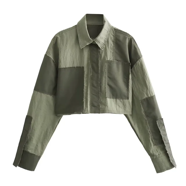 European And American Style Nylon Patchwork Short Shirt Green - Shop at LoveMi