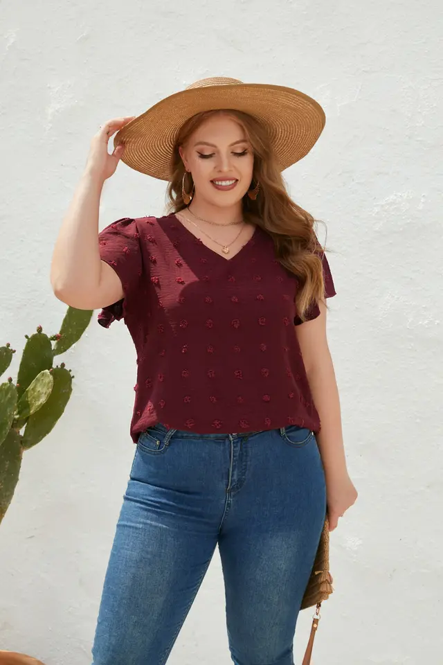 Women's V neck Fur Ball Short Sleeve Commuter Plus Size Top Red - Shop at LoveMi