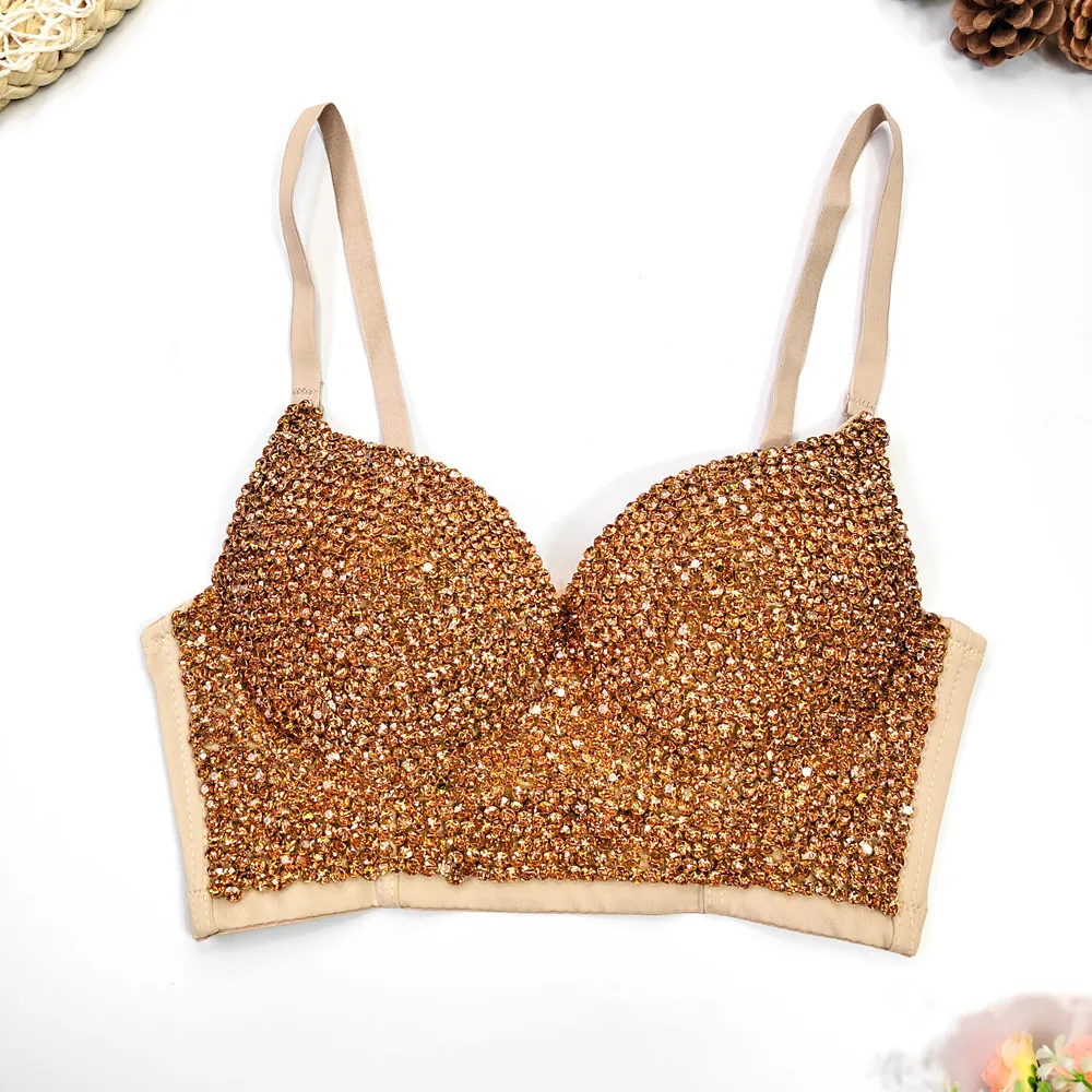 European And American Light Diamond Bra style V neck Sexy Vest Skin Bottom Champagne Diamond - Shop at LoveMi