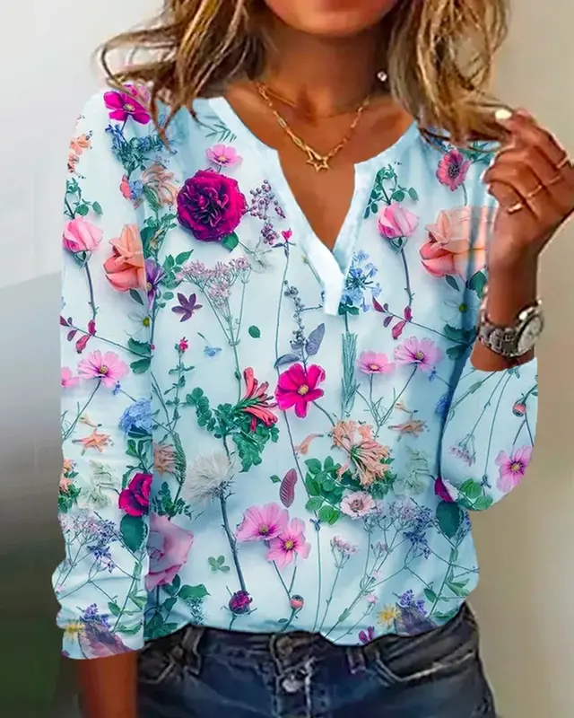 Women's Printed V neck Long sleeved T shirt Top Blue - Shop at LoveMi