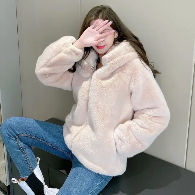 Hooded Thickened Plush Coat For Women Beige Apricot - Shop at LoveMi