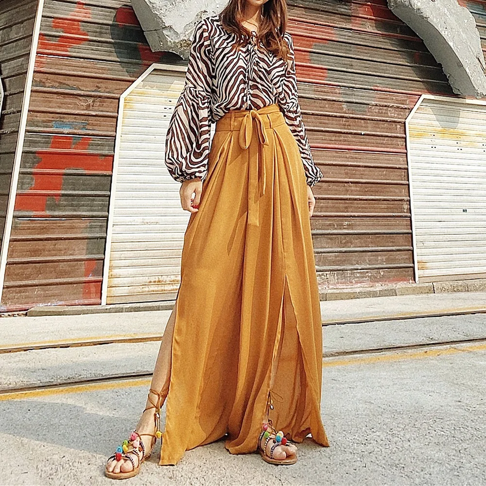 Split Travel High Waisted Wide Leg Pants Yellow - Shop at LoveMi