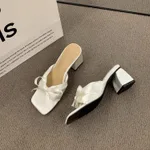 French Style High-grade Satin Bow Chunky Heel Sandals Women's Outer Wear High Heels - White