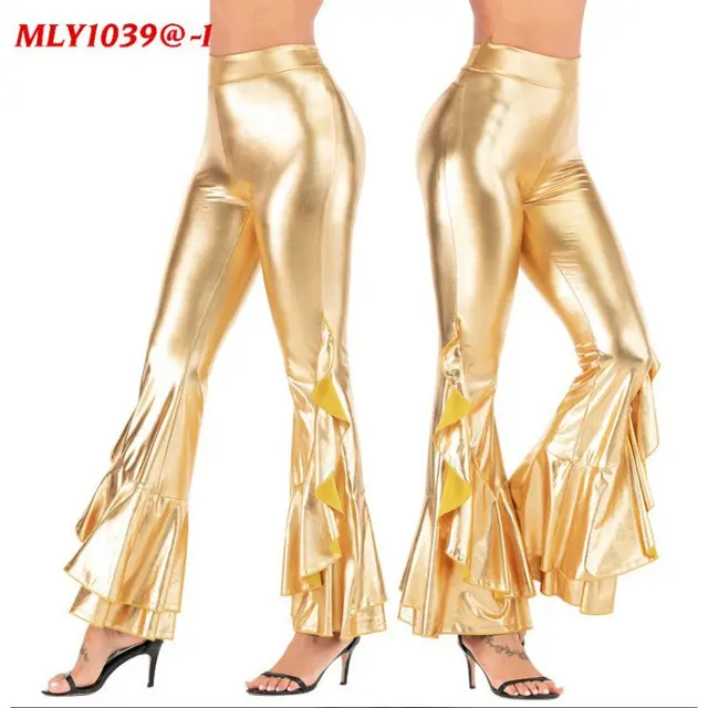 Women's Bright Slim fit Imitation Leather Irregular Bell bottom Pants Gold - Shop at LoveMi