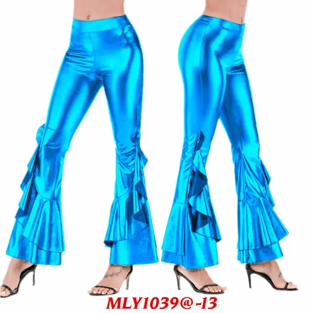 Women's Bright Slim fit Imitation Leather Irregular Bell bottom Pants Lake Blue - Shop at LoveMi