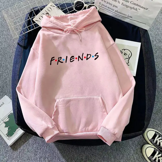 Women's Letter Friend Print Long Sleeve Hooded Sweatshirt Dark Pink Black Picture - Shop at LoveMi