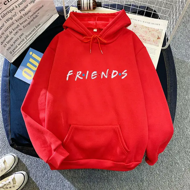 Women's Letter Friend Print Long Sleeve Hooded Sweatshirt Red White Picture - Shop at LoveMi