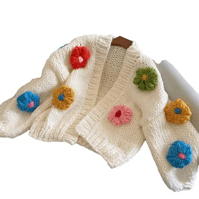 Women's Three dimensional Flower Sweater Cardigan White Knitted Fabric Cardigan - Shop at LoveMi