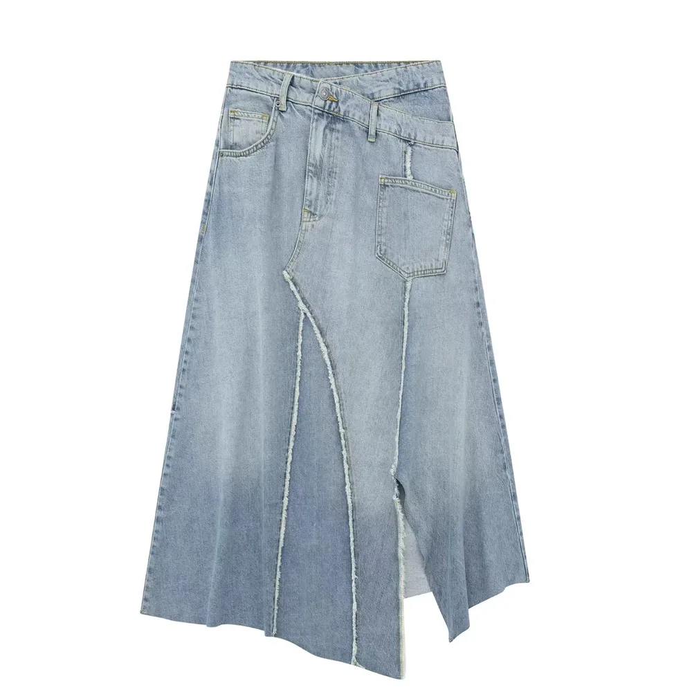 Fashionable Asymmetric High Waist Denim Skirt Blue - Shop at LoveMi