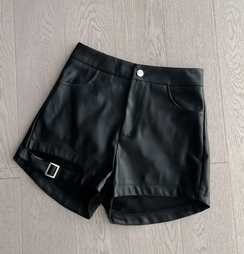 Black Buckle Washed Leather Shorts For Women - Pu Leather Pants