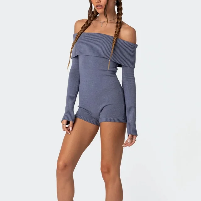 Slim Fit Slimming Long Sleeves Off the shoulder Jumpsuit Dark Blue - Shop at LoveMi