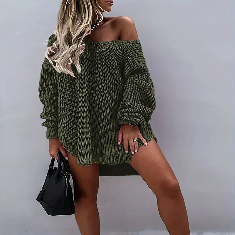 V neck Women's Top Knitted Sweater For Women Army Green - Shop at LoveMi