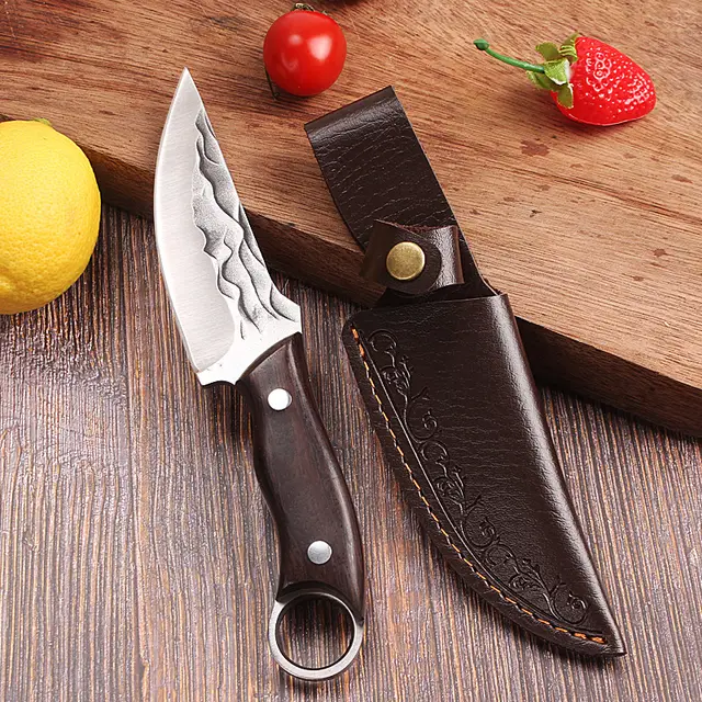 Outdoor Multi functional Red Color Wooden Handle Knife Leather Case Included - Shop at LoveMi