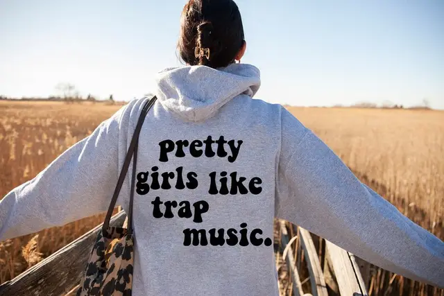 Pretty Girls Like Trap Music Printing Back Hooded Sweater Gray Black - Shop at LoveMi