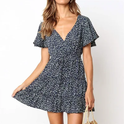 Summer Floral V neck High Waist Lace up Short Sleeve Ruffled Chiffon Dress Navy - Shop at LoveMi