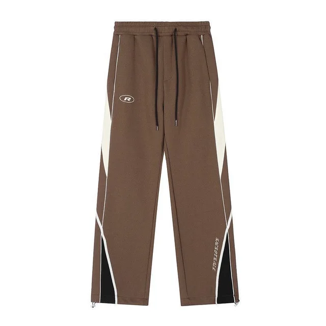 Retro Sports Pants Female Contrast Color Striped Design Straight Wide Leg Pants Loose Casual Brown - Shop at LoveMi
