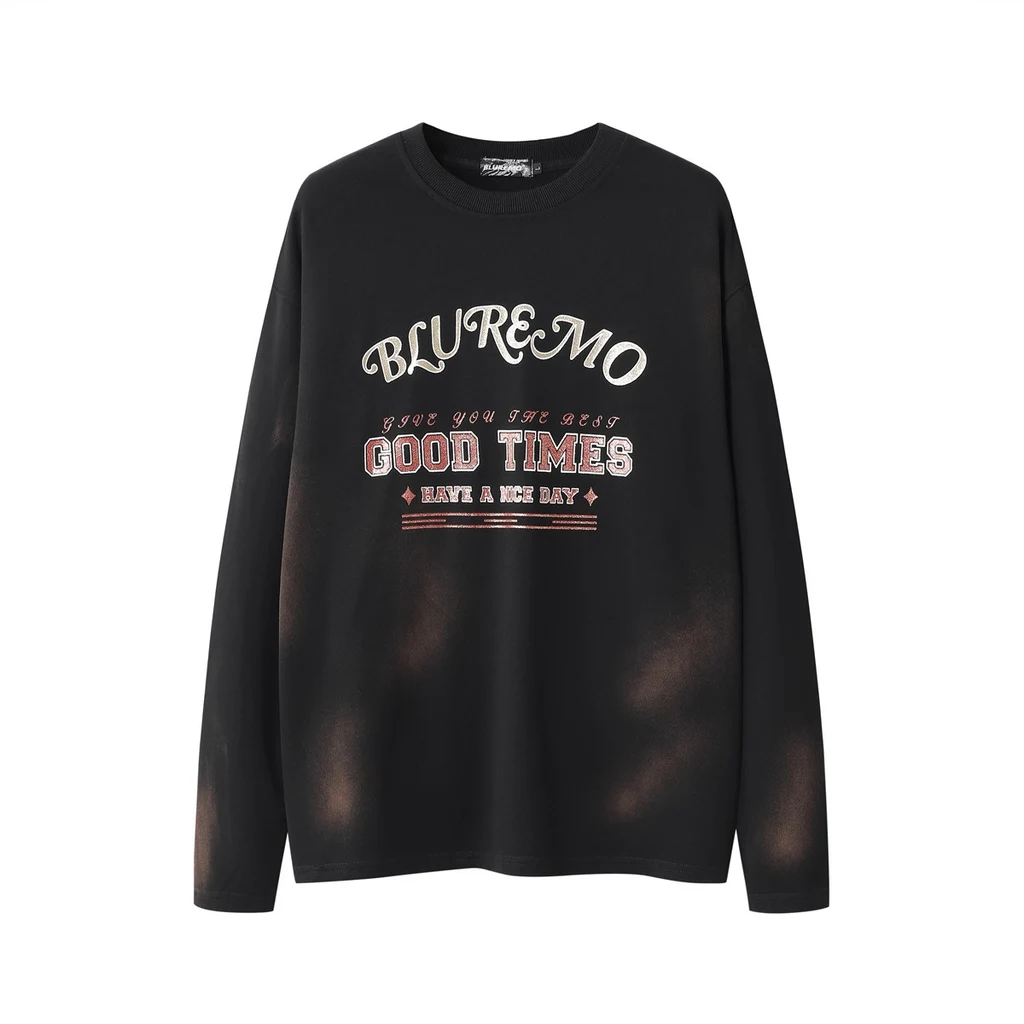 Dark Washed Gold Printing Crew Neck Pullover Sweatshirt - Black