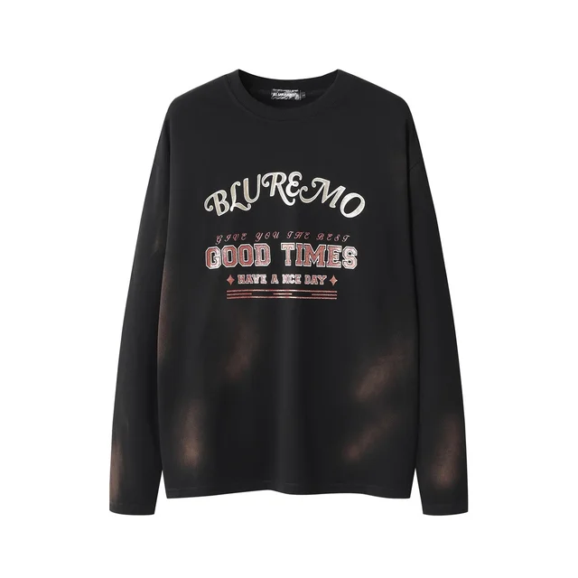 Dark Washed Gold Printing Crew Neck Pullover Sweatshirt Black - Shop at LoveMi