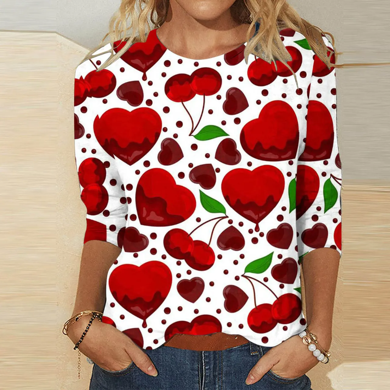 Valentine's Day Female With Hearts Printing Crew Neck T-shirt Top - Rq4127505