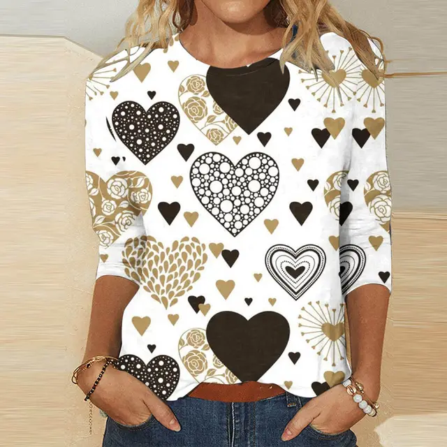 Valentine's Day Female With Hearts Printing Crew Neck T shirt Top Rq4127509 - Shop at LoveMi
