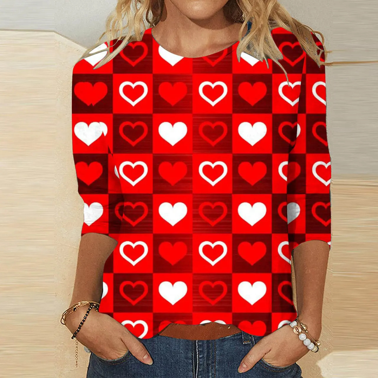 Valentine's Day Female With Hearts Printing Crew Neck T-shirt Top - Rq4127511