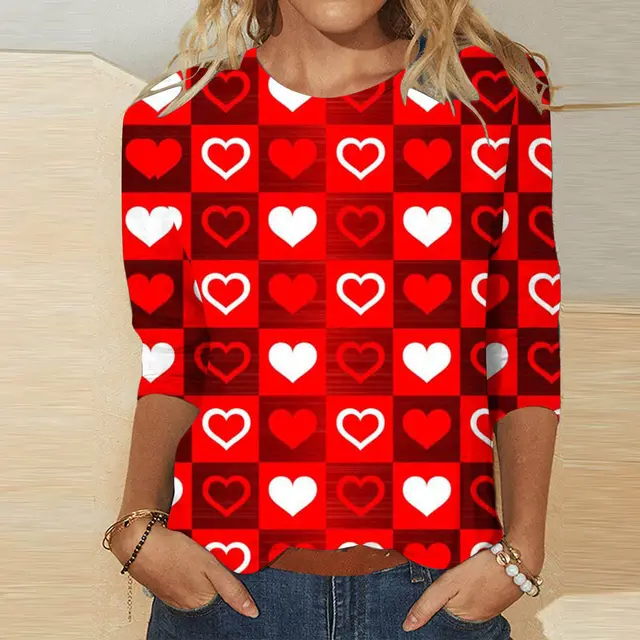 Valentine's Day Female With Hearts Printing Crew Neck T shirt Top Rq4127511 - Shop at LoveMi