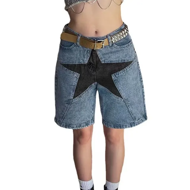 Loose Contrast Color Five pointed Star Patch Denim Pants Blue - Shop at LoveMi