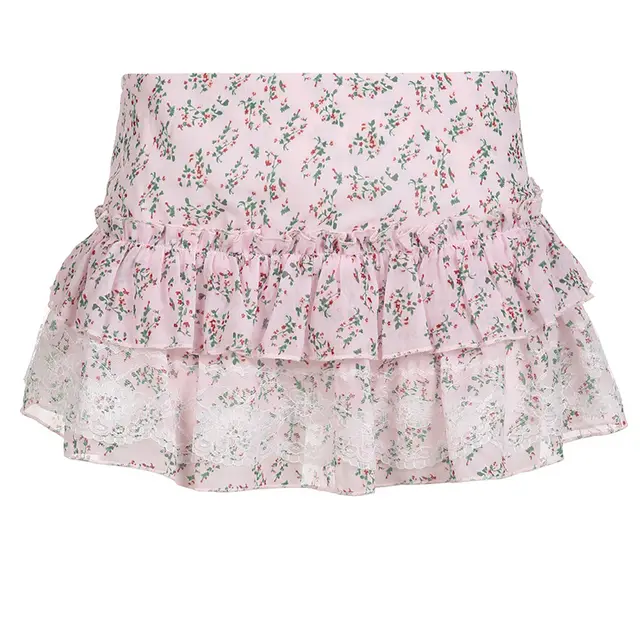 Fragmented Lace And Lace Patchwork Low Waisted Chiffon Skirt Pink - Shop at LoveMi