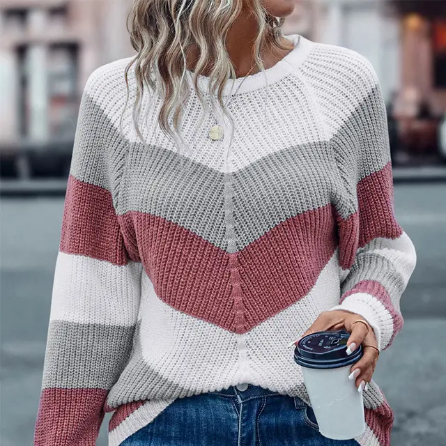 Striped Crew Neck Casual Sweater For Women White - Shop at LoveMi
