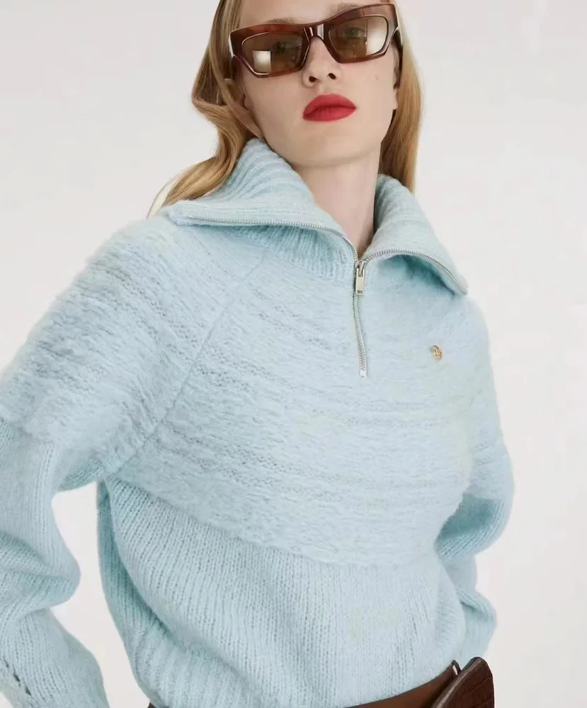 Women's Half Zip Sweater - Light Blue