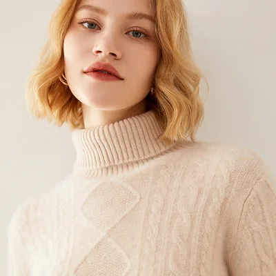 Female Turtleneck Pullover Thick Cashmere Sweater Beige - Shop at LoveMi