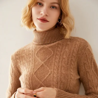 Female Turtleneck Pullover Thick Cashmere Sweater Golden Camel - Shop at LoveMi
