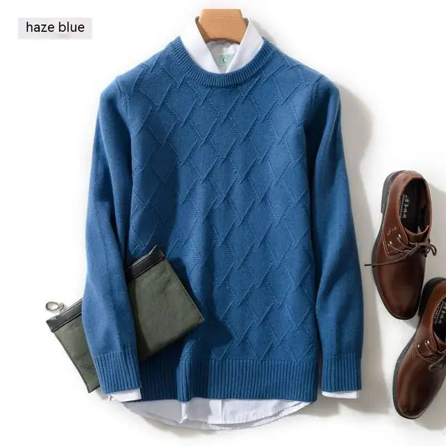 Winter Men's Round Neck Loose Wool Sweater Haze Blue - Shop at LoveMi