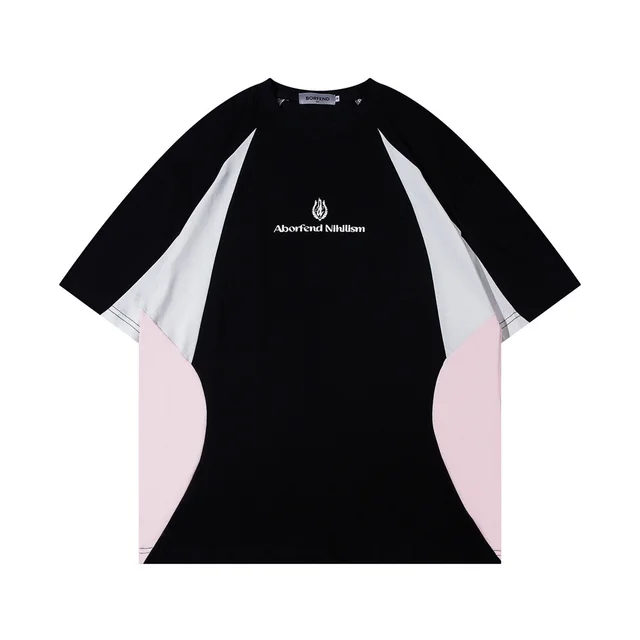Women's Loose Casual Cotton American Contrast Stitching Short Sleeves Black - Shop at LoveMi
