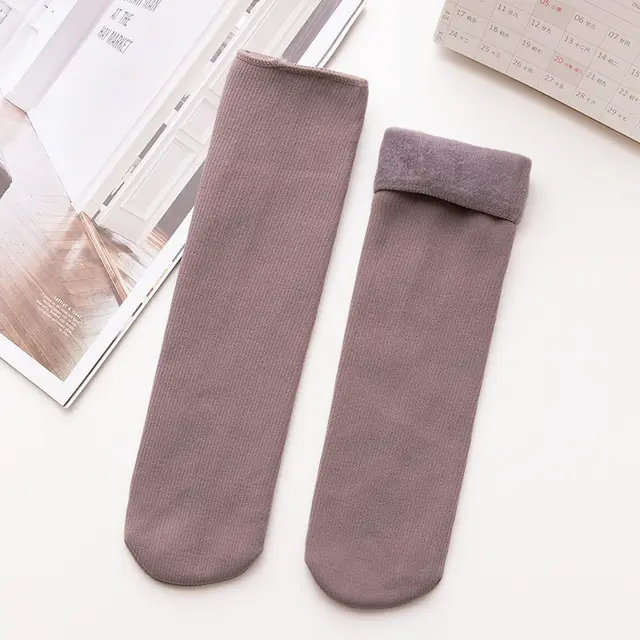 Women's Mid calf Vertical Stripes Imitation Cashmere Fleece lined Thickened Non slip Warm Room Socks Light Gray - Shop at LoveMi