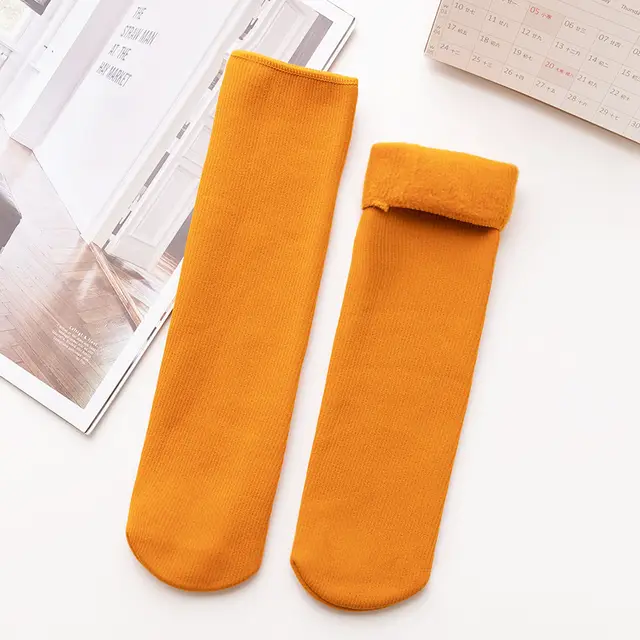 Women's Mid calf Vertical Stripes Imitation Cashmere Fleece lined Thickened Non slip Warm Room Socks Turmeric - Shop at LoveMi