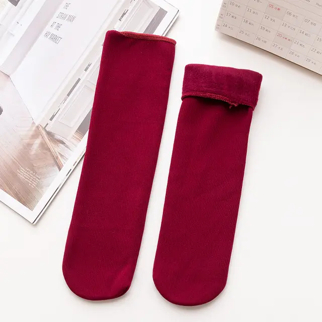 Women's Mid calf Vertical Stripes Imitation Cashmere Fleece lined Thickened Non slip Warm Room Socks Wine Red - Shop at LoveMi