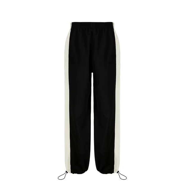 Cool Contrast Color Drawstring Ankle tied American Casual Loose Woven Pants Black - Shop at LoveMi