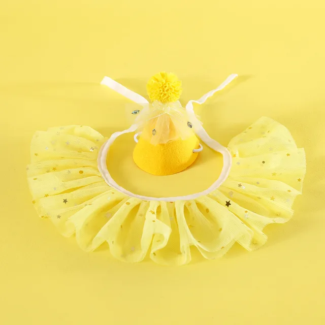 Pet Sequin Lace Bib Rhinestone Gauze Skirt Felt Hat Water Yellow Set - Shop at LoveMi
